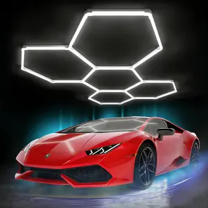 Hexagon Garage Lights 144W 5 Grids LED Garage Lights - Easy Install 5000K Daylight Super Bright Honeycomb Light for Workshop Warehouse Car Detailing Shop Exhibition Hall Gym