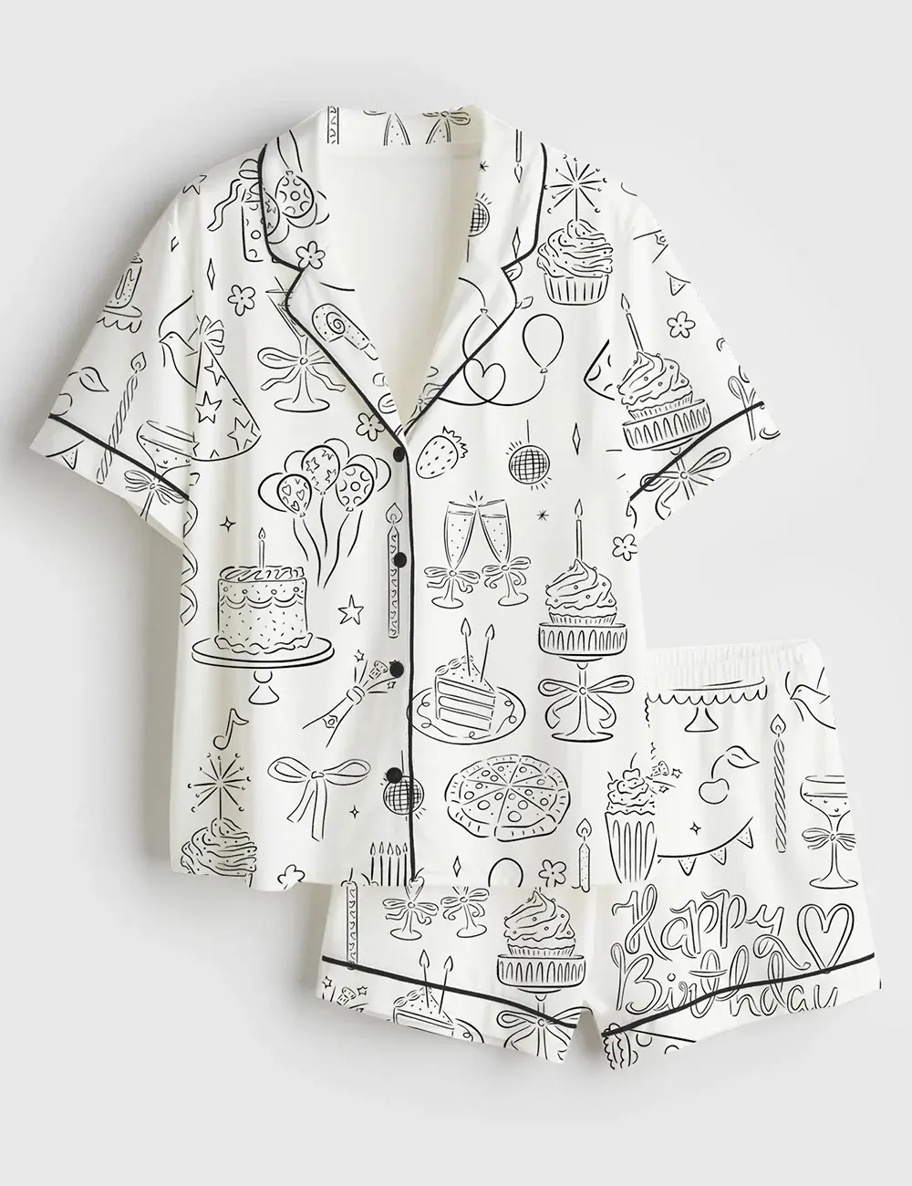 Whimsical Birthday Hand Drawn Birthday Illustrations Party Doodles Birthday Celebration Short and Long Sleeve Pajama Set, Sleepwear for Women