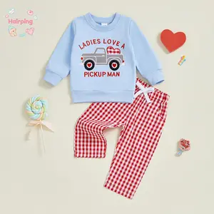 Baby Boy Valentine's 2-Piece Outfit: Light Blue Truck Graphic Sweatshirt & Red Gingham Pants Set, Long Sleeve Casual Toddler Clothes