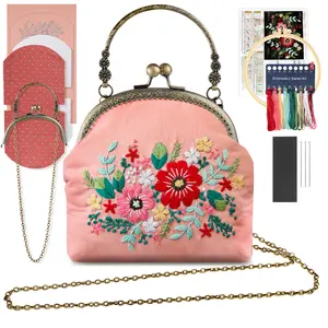 DIY Flower Embroidery Kit Tote Bag - Vintage Clasp Lock Bag Making Kit with Thread, Frame, Fabric, Base & Chain,DIY Hand Sewing Kit for Adults Beginner