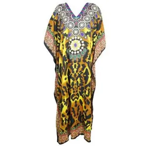 Womens Yellow Kaftan Maxi Dress, Muumuu Nightgown, Holiday Resort dress One Size
