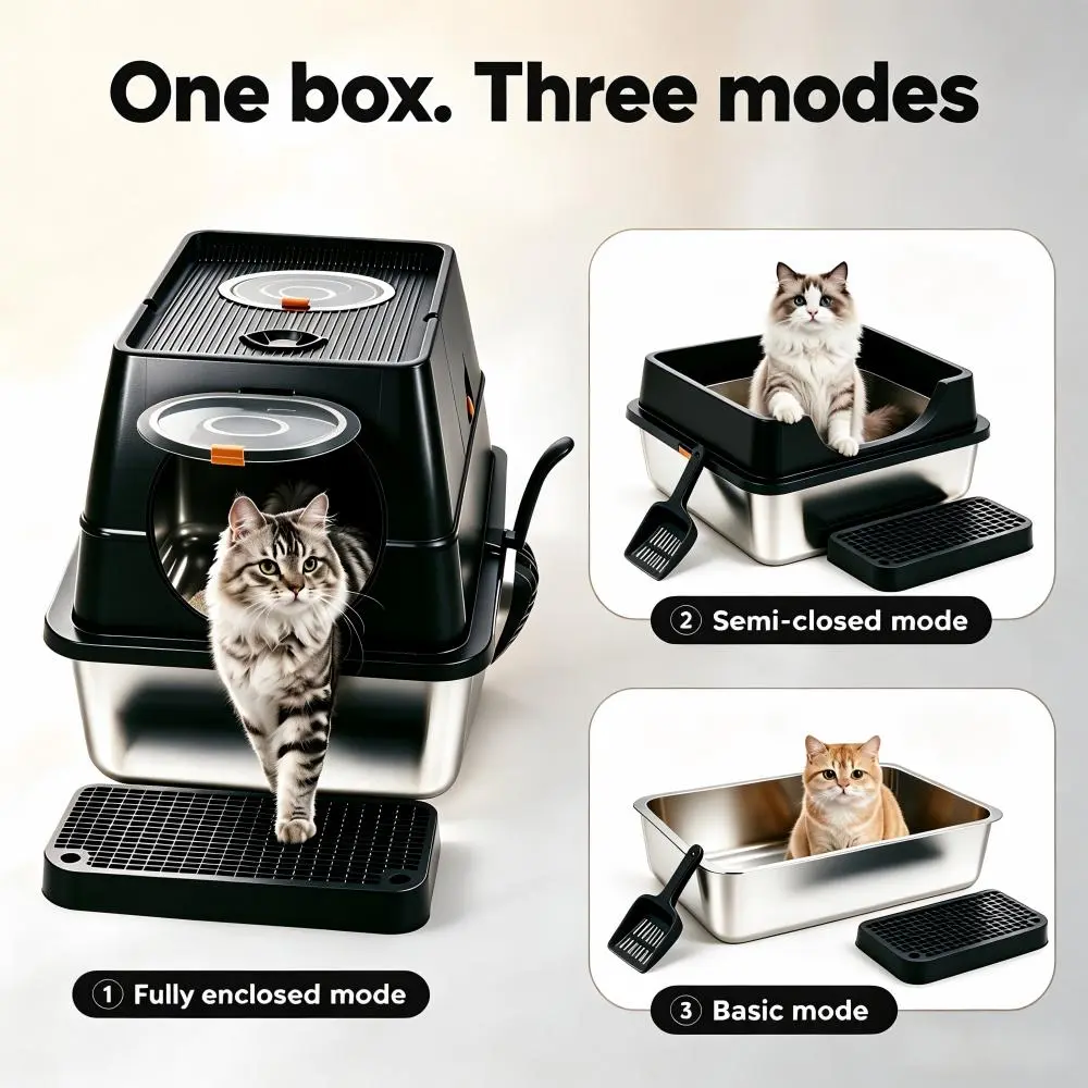 XXL Large 3-in-1 Convertible Design,Petwhole Stainless Steel Cat Litter Box Set, Flip-Top Lid, Enclosed/Open Top Option, High Sides, Non-Stick Rustproof, Odor Control Deodorizing Block, Leak Proof, Easy to Clean, With Scoop, For All Cats