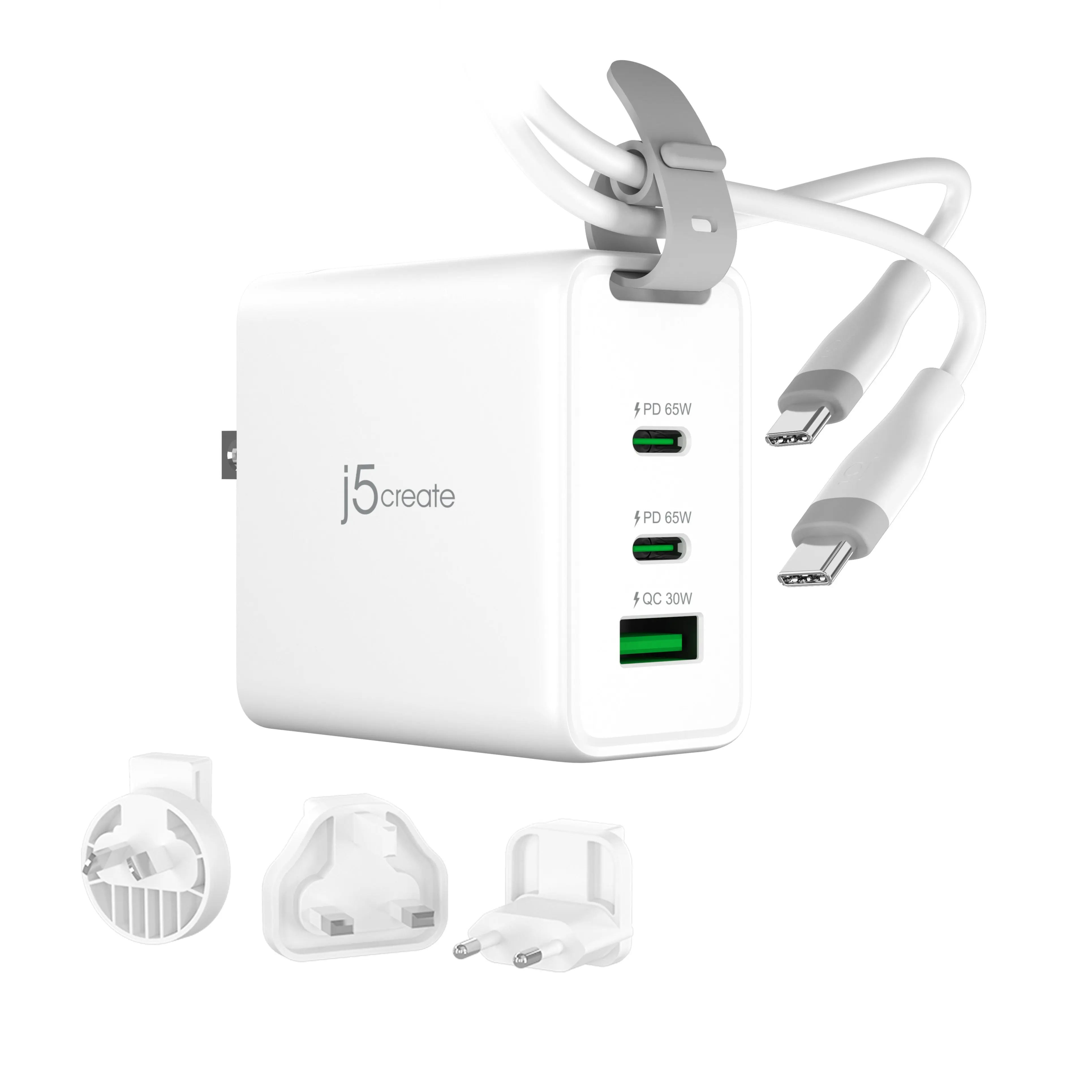 65W GaN USB-C® 3-Port Travel Charger with changeable AC plugs and USB-C® cable