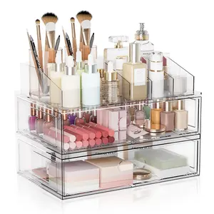 Clear Stackable Makeup Organizer with Drawer, 12''W Acrylic Storage Drawers, Cosmetic Display Case for Vanity Bathroom Countertop, Beauty Holder for Lipstick Brush Skincare Perfume (3 Pack)