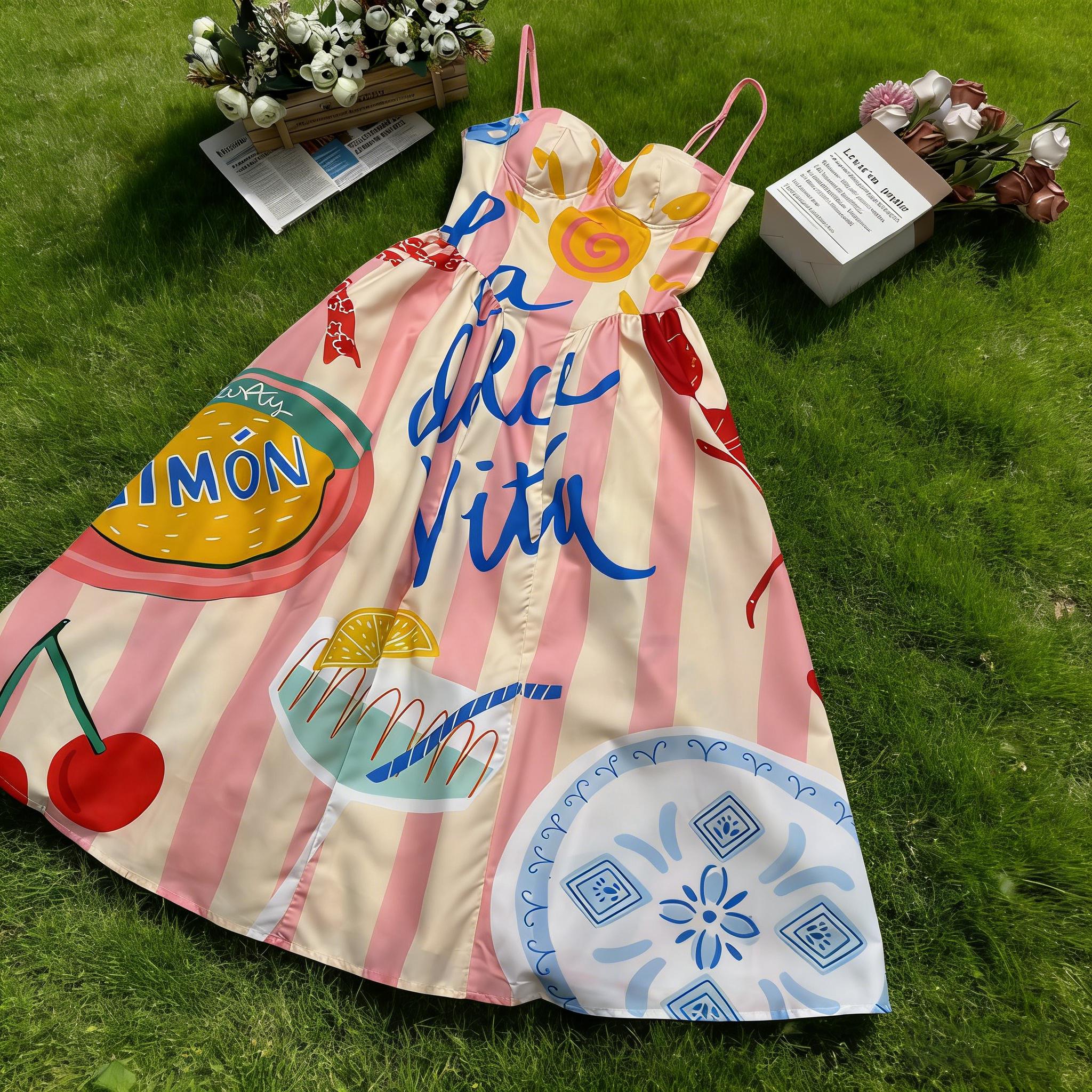 French Elegance Seaside Holiday Striped Printed Princess Dress Women's Midi Graphic A-Line Dress for Daily Life Tropical Flavour Breathable Lightweight Casual Chic Style Loose Fit Minimalist Outfit Top