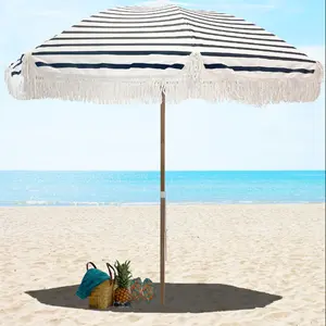 Tassel Beach Umbrella 7 Foot – Designer Umbrella Fringed Tassels – Wood Grain Steel Pole – Tilt Function – Ground Stake - UPF 50+ UV Sun Protection - Exotic Tan Color Striped – Carry Bag