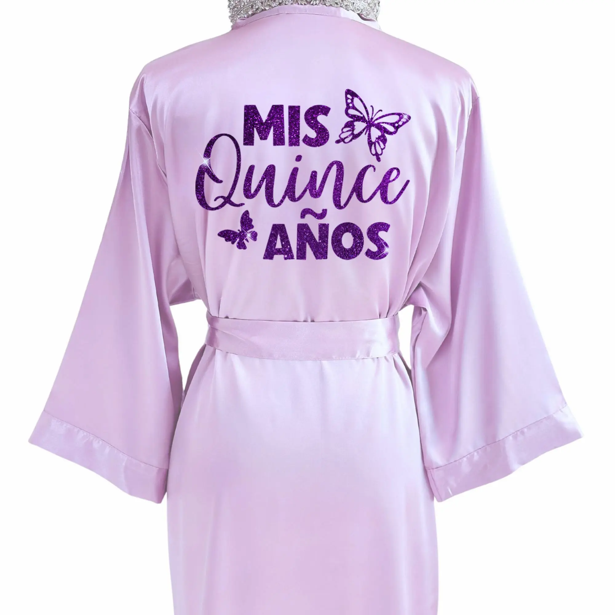 Quinceañera Robe Glitter Text & Butterfly Symbol Bata Para 15 Años Personalized Mis Quince Satin Robe for Quinceañera Getting Ready