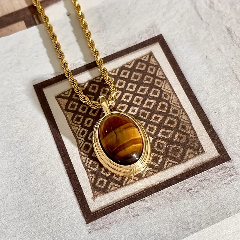 Vintage Boho Oval Tiger Eye Pendant Necklace - Golden Titanium Steel, Natural Stone Mosaic, Elegant Unique Design for Daily & Gift Occasions