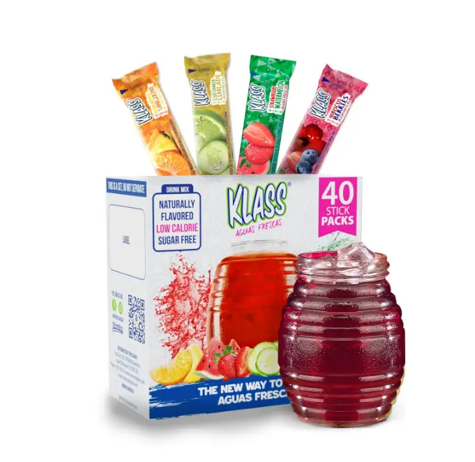 Klass Aguas Frescas Classic Variety | Zero Sugar Drink Mix | 40 Sticks | Natural flavors, only 5 calories per packet, caffeine free, cucumber limeade, strawberry watermelon and hibiscus mix
