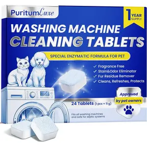 Washing Machine Cleaning Tablets for Pet Owners, Compatible with HE Front & Top Load Washers, Enzyme Cleaner Removes Pet Hair Odors Limescale Buildup, 24 Tablets (1-Year Supply)