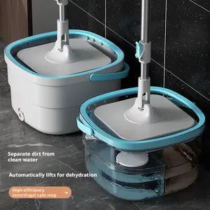 Sewage-separating flat mop and bucket set for home use, hands-free, 360-degree rotating mop head, automatic mopping tool, suitable for both tile and wooden floors, comes with cotton cloth, adjustable handle