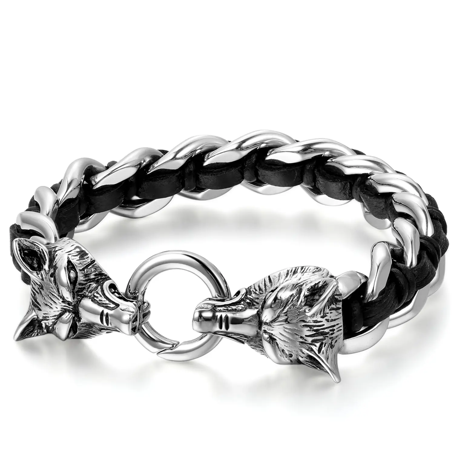 OIDEA Dual Wolf Head Braided Genuine Leather Stainless Steel Bracelet for Men 15mm Wide Punk Wristband