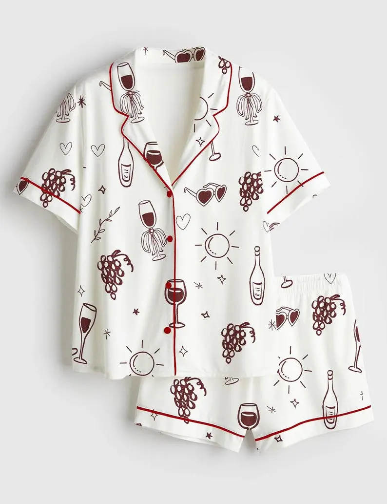 Women’s Satin Pajama Set, Vino Before Vows Print, Bachelorette Wine Theme PJs, Short Sleeve Bridal Shower Pajamas, Wedding Party Gift