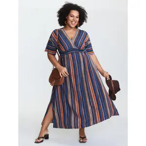 BLOOMCHIC Plus Size Striped Contrast Dolman Sleeve Shirred Pocket Slit Dress [M–6X], 2026 Summer Vibes