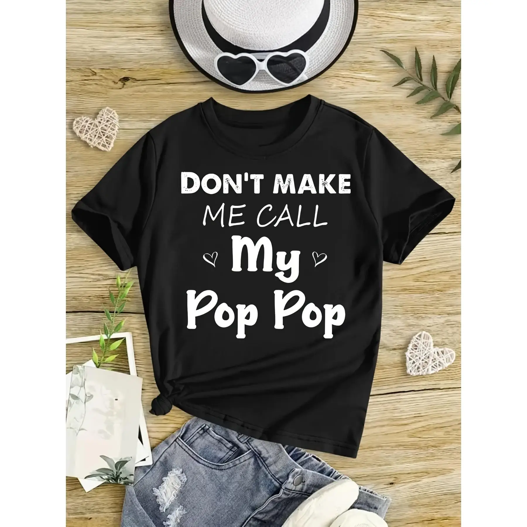 Don't Make Me Call My Pop-Pop" Graphic Girls' T-Shirt - Soft Cotton Round Neck Tee, Black with White Print, Comfortable & Stylish for Summer, Spring,