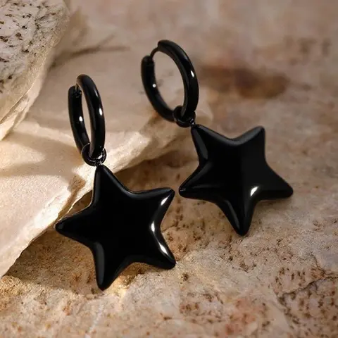 OUFER 2-Pack Bubble Star Design Statement Fashion Earrings - Gold-Plated Black Stainless Steel, Water-Safe, Hand-Polished Empty Drop Hoops, Contemporary Elegant Accessory for Casual Daily Wear