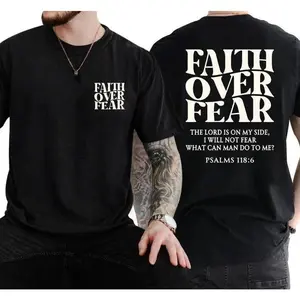 "Faith Over Fear" Bible Verse Double Sided T-Shirt, Black Oversized Casual Top, Christian Faith Aesthetic Apparel, Ideal For Everyday Style & Relaxed Daily Attires