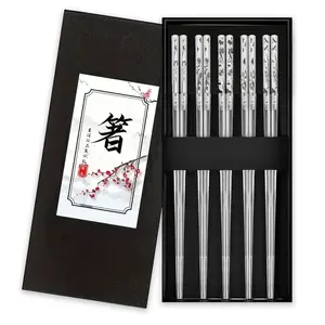 stainless steel chopsticks 5 pairs chopstick in giftbox, dishwasher safe, great for sushi chopsticks, unique designs