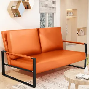 LinkRomat  Mid-Century Loveseat Sofa, Faux Leather, Orange, 2-Seat, Small Couch for Bedroom, Office, Living Room, Sofa