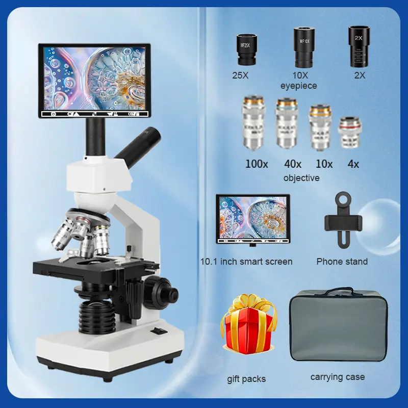 Professional 7-Inch Screen Single-Tube Biological Monocular Microscope, 4X/10X/40X to 5000x Magnification, HQ E-Diode Tube, Fish Husbandry Breeding Aid, 7-in Phone Stand, 5 Specimens, 7-Inch Screen Monocular Microscope
