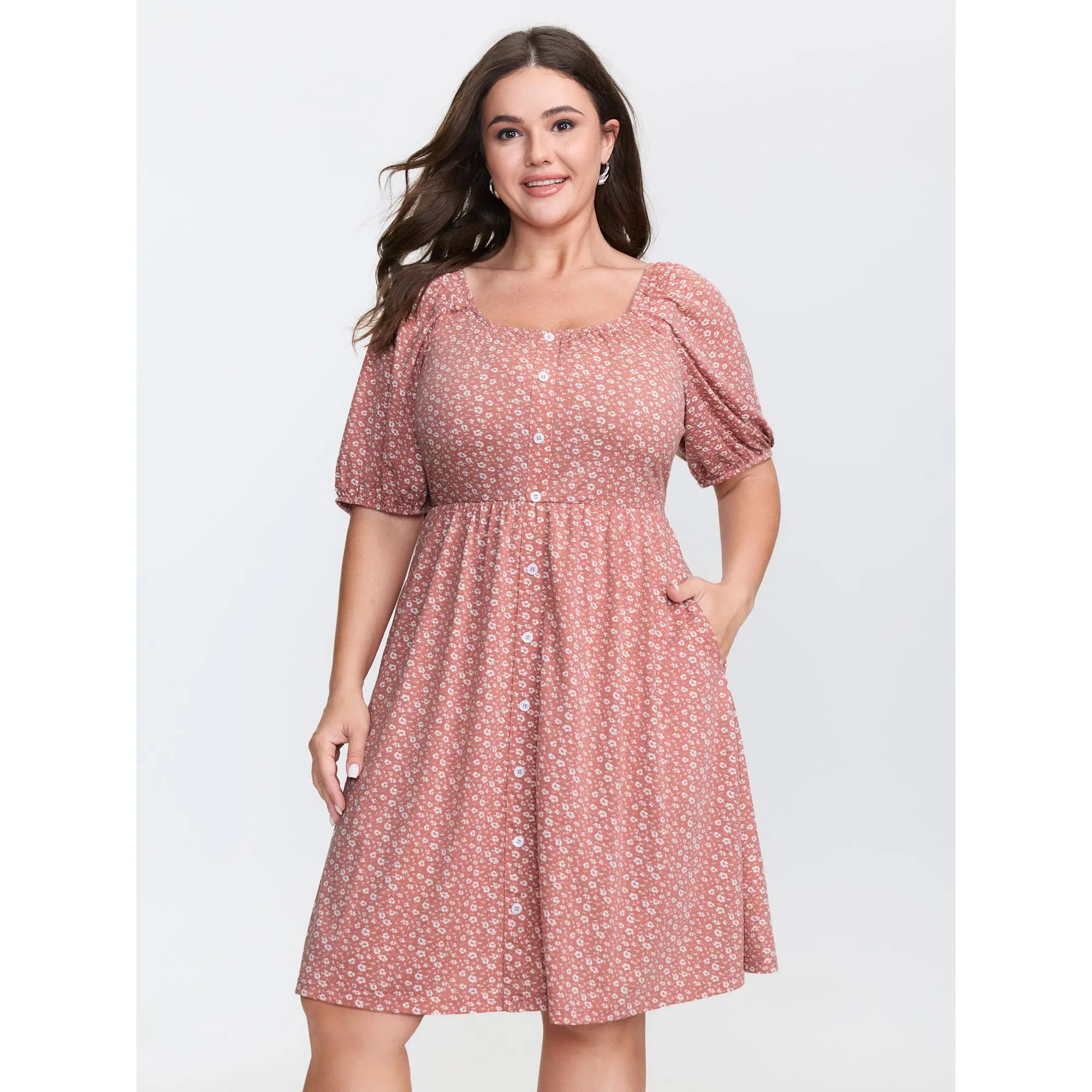 BloomChic Womens Dresses, Casual Plus Size Ditsy Floral Print Spandex Knee-Length Dress with a Square Neck, Puff Sleeves, and Pockets, Fabric, Garment, Fit, Clothes, Half Sleeve, Pull On, Low Iron, Curvy Women Plus Size, Above Knee