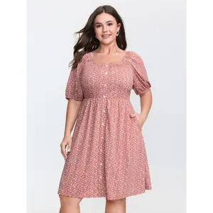 BLOOMCHIC Summer Turn-Up Dirty Pink Ditsy Floral Print Button Detail Mini Dress 2026 Mother's Day Pick for Plus Sizes 1x-6x 2026 Summer Vibes
