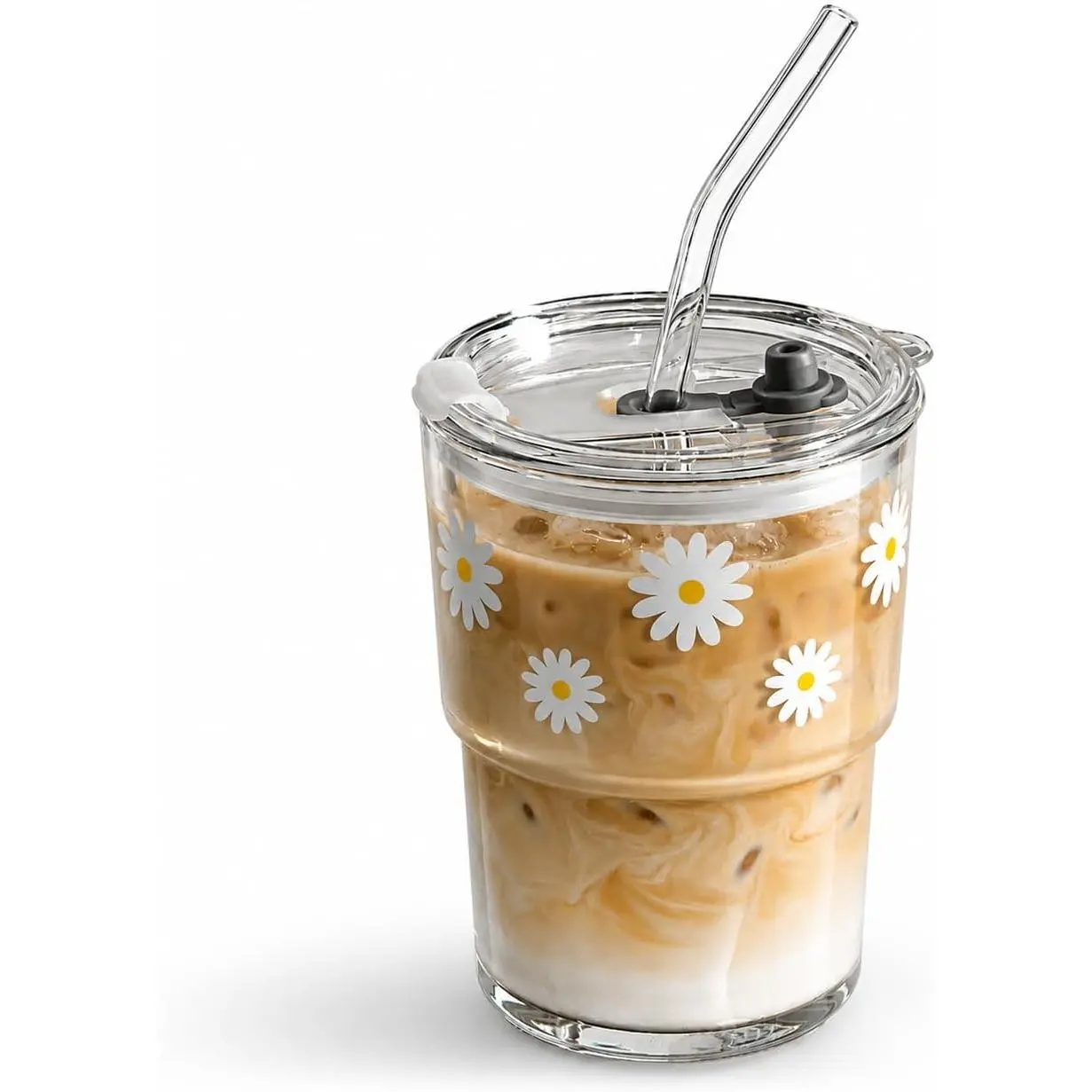 13oz Glass Tumbler with Straw and Lid, Reusable Iced Coffee Cup Tumbler, Cute Glass Cups for Water, Matcha, Travel Coffee Mugs (Daisy)