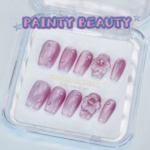 【A109】  Square Shape French Style 3D Stereoscopic Tulip Flowers Handmade Press On Nails for Stylish Nail Art Design