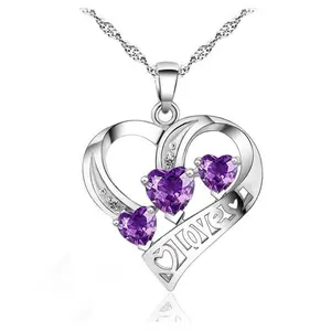 Sterling Silver Heart Love CZ Amethyst Pendant Necklace 18" Chain Gift Box E7