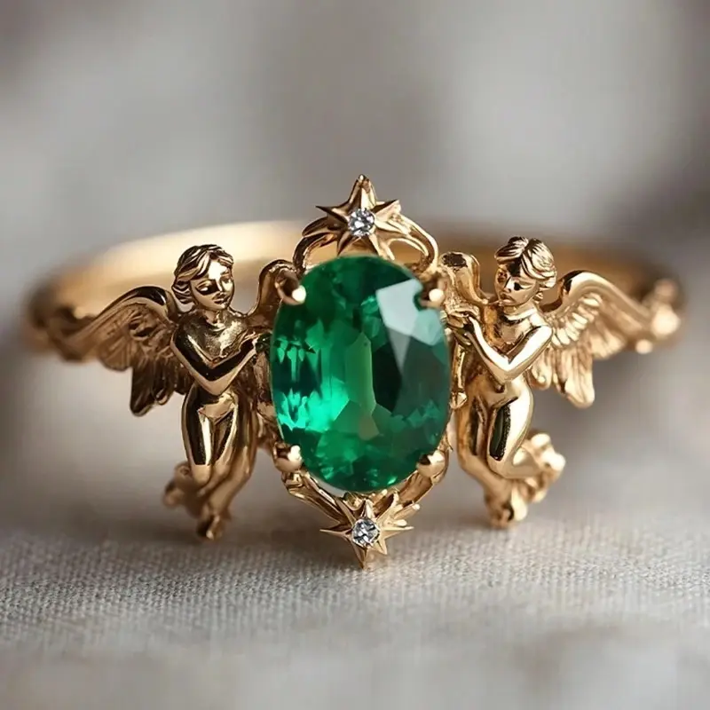 Women's Eternal Love Guardian Angel Motif Ring - Zinc Alloy with Green Cubic Zirconia, Star Accents, Suitable for Daily Wear, Wedding Gift, Plain