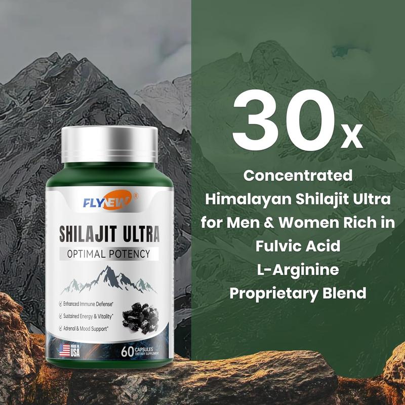 Natural High-Potency FLYNEW Shilajit Ultra I Adaptogen Energy Stamina Immune Antioxidant I Made in USA | 60 Capsules Dietary Supplement Healthcare Fitness Vitamin Edible Organic