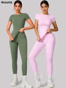 2/4 Counts Women's Solid Round Neck Tee & High Waist Leggings Tracksuit Set, Sporty Comfy Fitness Athletic  T-shirt & Skinny Pants for Yoga Gym Workout, Women's Tracksuits Active Wear , Fall Clothes Downtown Girl Outfit