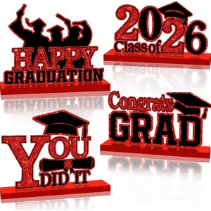 4Pcs Class of 2026 Graduation Decorations Wood Table Centerpieces Congrats Grad Wooden Sign Table Toppers Tiered Tray Decor for 2026 Graduation Party(Red-Black)