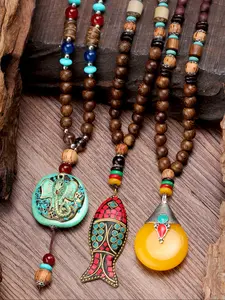 Vintage Ethnic Elephant & Fish Pendant Long Necklace, Nepalese Style Sweater Chain, Wooden Beads Jewelry, Holiday Gift
