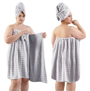 REDKISS Grey Plus Size Towel Wrap for Women, XL Adjustable Shower Wrap with Hair Towel, Super Absorbent Bath Towels Wrap for Body, Microfiber Plush Towel Wrap, Warmth Velcro Plus Size Wraps Towels
