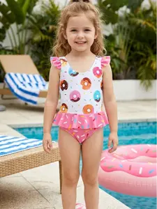 Girls Donut Print One Piece Swimsuit with Ruffle Sleeves and Skirt Adorable Back-to-School Beachwear for Kids Fun and Comfortable All-Over Donut Print Bright Cheerful Colors swimming suit Slim Shape Men's Moisture Wicking T-Shirt