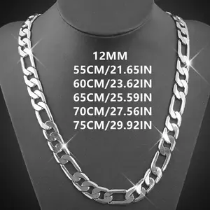 925 silver-plated Necklace 12MM Mens Figaro Chain Necklace - Silver Figaro chain Necklace for Men,silver-plated Necklace 21.65-29.92"，Birthday, Valentine’s Day gift.