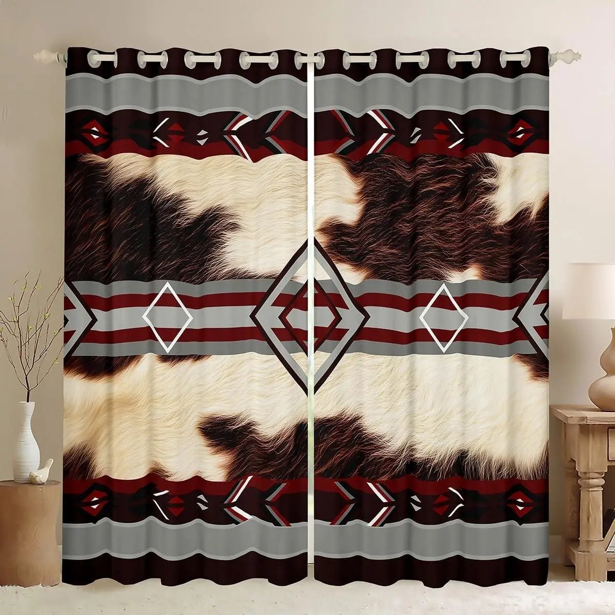 Cowhide Curtains Bedroom Living Room Western Farm Animal Skin Blackout Darkening Drapes Cow Fur Print Window Treatments,2 Panels Farmhouse Room Decor Beige Grey Red