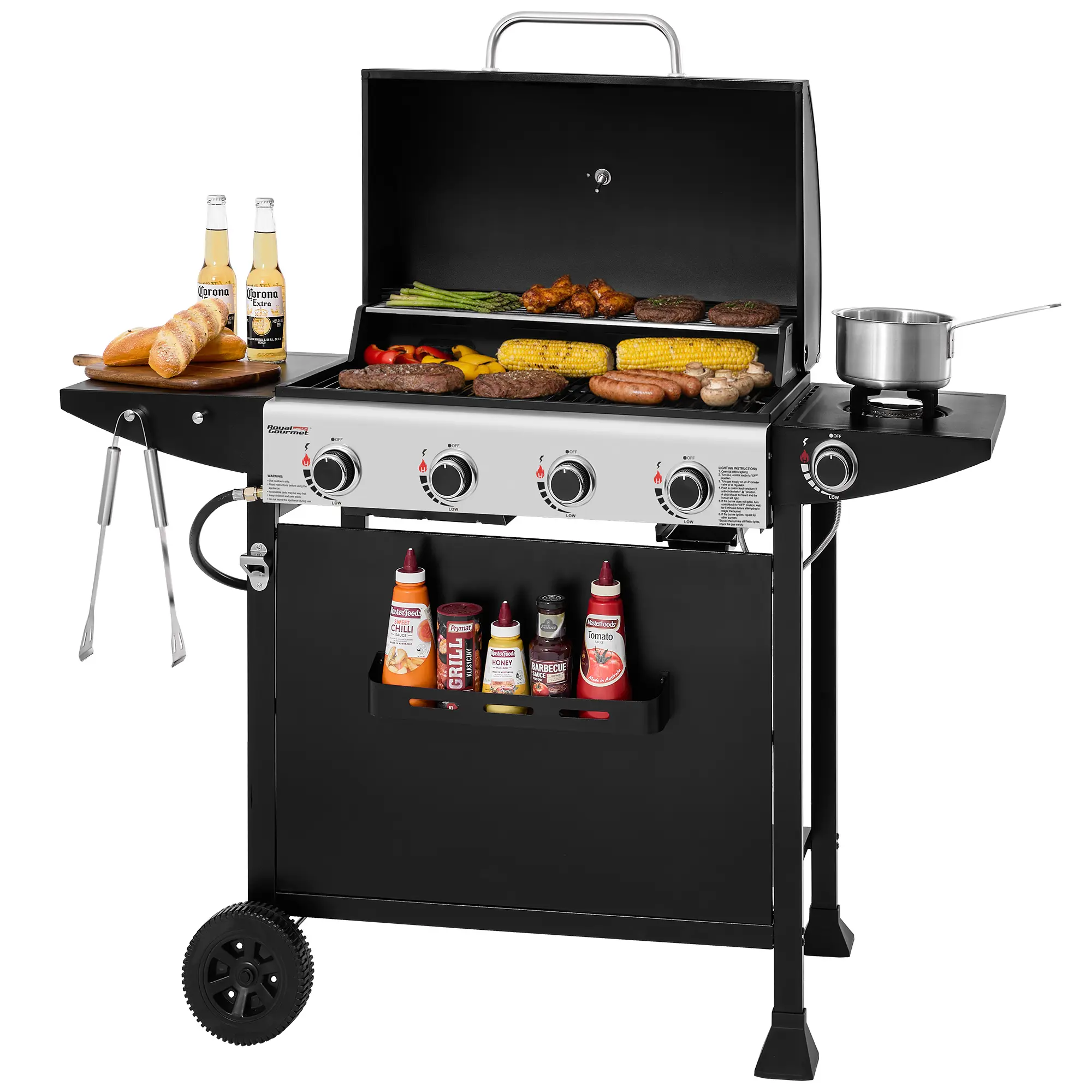 Royal Gourmet 4-Burner Gas Grill with Side Burner, 49,000 BTU, 625 Sq. In. Cooking Area, Cart Style with Front Board, Side Shelf & Hooks, for Outdoor, Patio, Backyard & Balcony, Black
