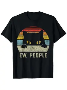 Vintage Cat Print Fitted T-Shirt for Introverts, Perfect Gift for Cat Lovers & Unique Style Enthusiasts, Casual Summer Wear