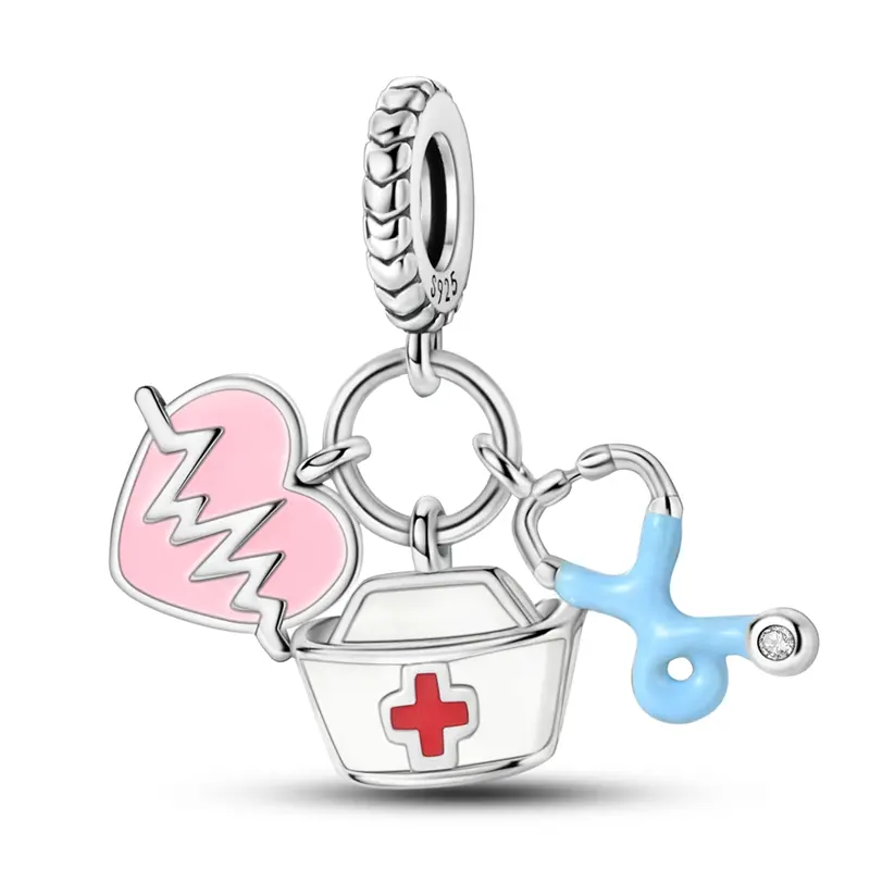 MULA Compassion Pendant - Silver-Plated Enamel Heartbeat Charm with Cubic Zirconia, Nurse Hat, Stethoscope, Heart Shaped Pendant Charms for Bracelet & Necklace, Ideal Nurses Day Gift for Medical Professionals, Heart Shaped Pendant Charms & Pendants