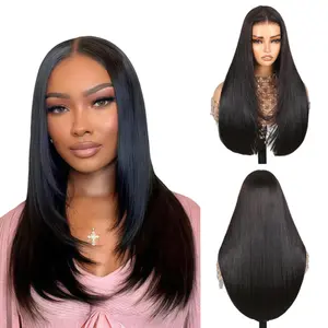 [Blend] Teslal Hair Glueless Straight Layered Cut 6X6 TPart Lace Front Wig Pre Plucked Pre Cut Straight Wig Vivid Self Growing Clean Hairline with Tiny Knots Synthetic Wig 220% Density