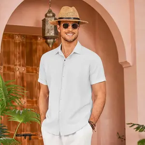 COOFANDY Men's Linen Shirts Short Sleeve Casual Shirts Button Down Shirt for Men Beach Summer Wedding Shirt