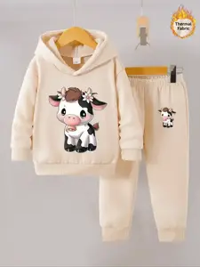 Fleece Hoodie Set & Cute Cow Print, Girls' Fall Winter Two-Piece, Warm & Cozy, Perfect Gift for Kids, Clothes Kids