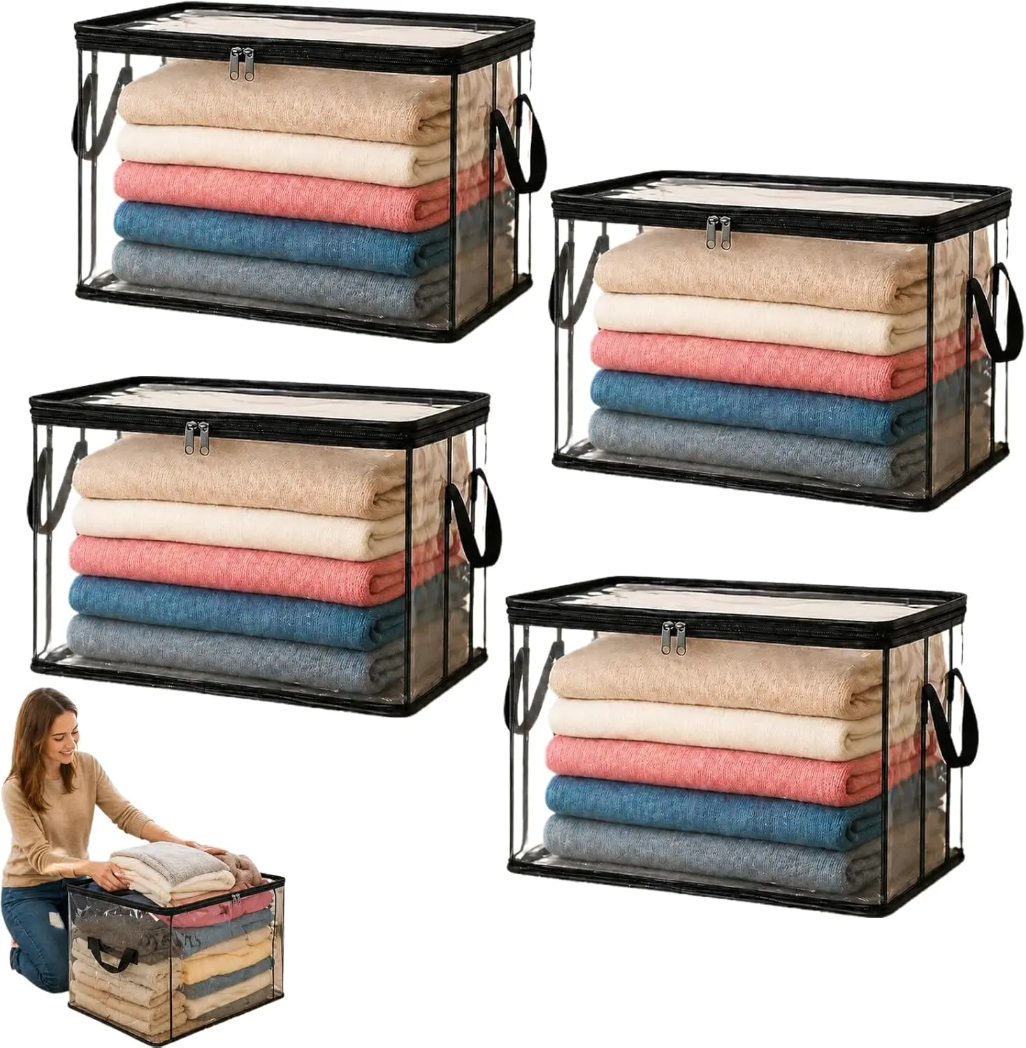 4 Pack Large Clear Book Storage Bags,Foldable PVC Storage Organizer with Hinged Lid,for Books, Comics,Toys, Clothes, Blankets & Moving Supplies