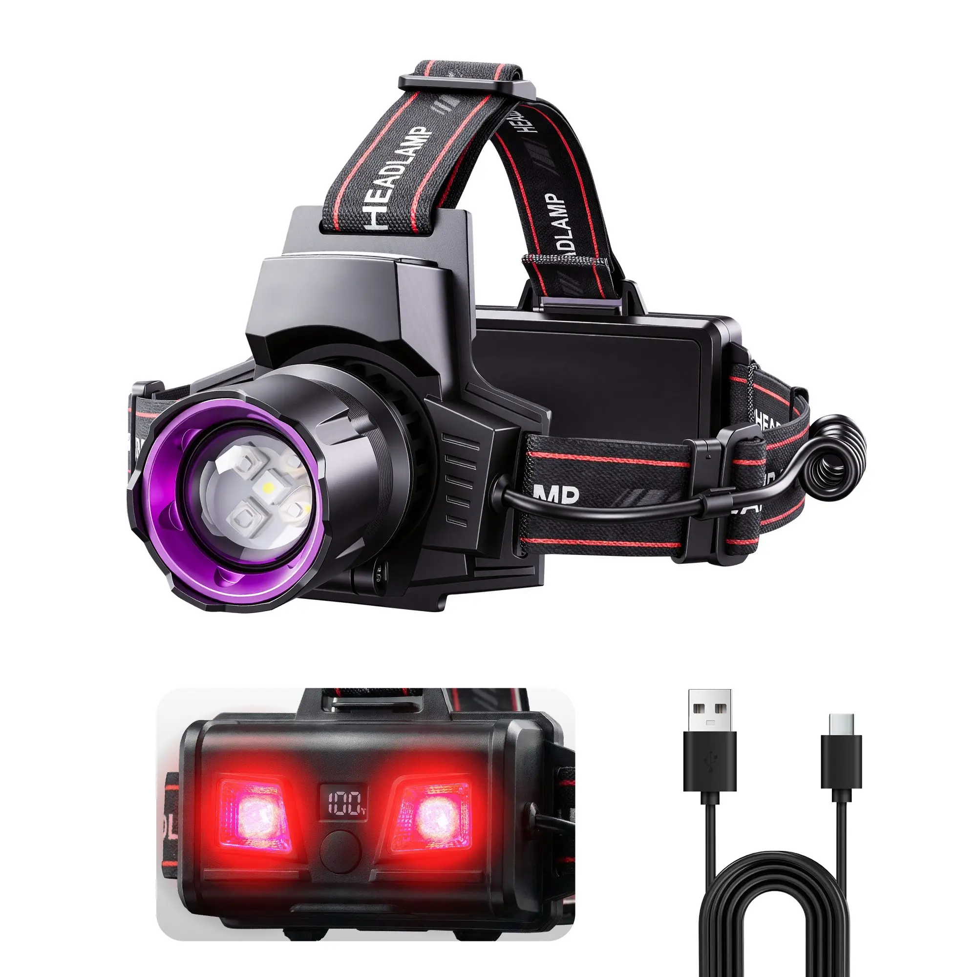 Super Bright 2000 Lumen High Lumen Brightness LED Headlamp, UV & Light, 10 Modes, Rechargeable 3000mah Battery, Ip65 Waterproof, Zoomable, for Camping, Hiking, Fishing, Waterproof Headlamps