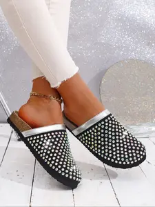 Women's Rhinestone Decorated Slip-On Mules, Anti-Slip Thick Sole, Fashionable Indoor & Outdoor Casual Shoes, Comfortable One-Step Design