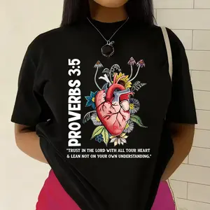 Trust In The Lord With All Your Heart' Proverbs 3:5 Anatomical Heart Floral Print T-shirt Christian Devotional Style Casual Top