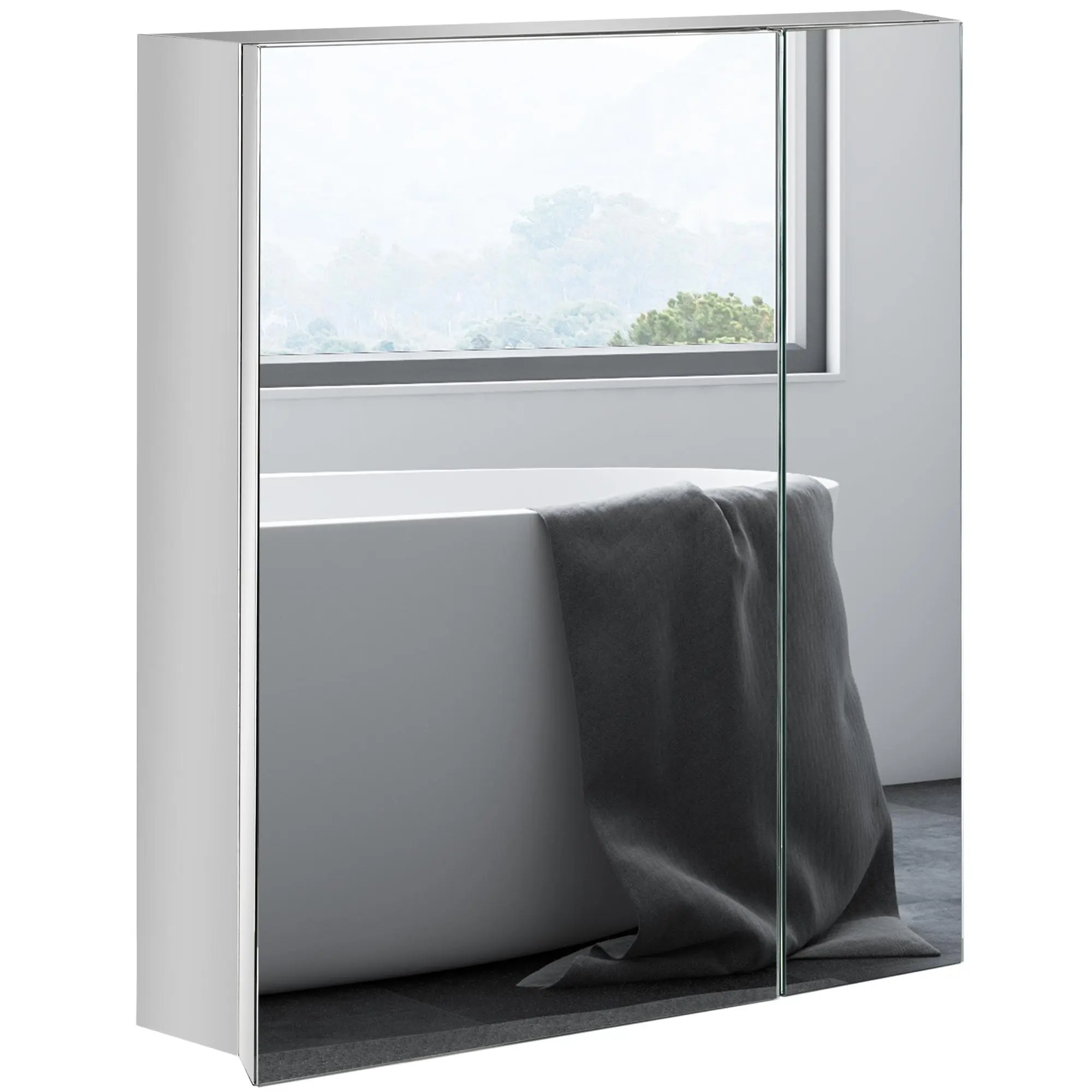 Kleankin Silver Metal Mirror Cabinet, 21"x24" Wall-Mounted Medicine Cabinet with Hinged Door, Storage Shelves for Bathroom and Living Room, Metal Mirror Cabinets