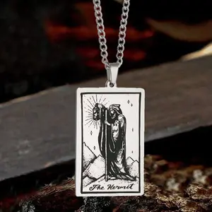 GTHIC Unisex The Hermit Tarot Card Necklace Stainless Steel Square Card Pendant for Daily Wear